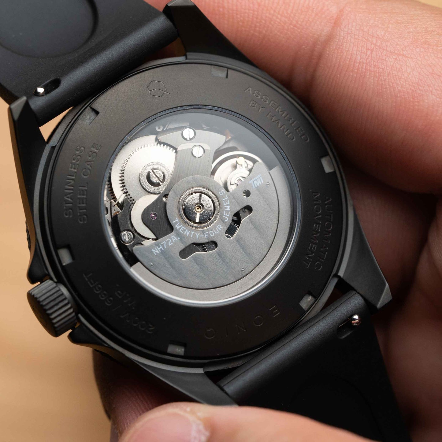 EONIQ dive watch (Skeleton dive watch) - custom watch with seiko movement and free name engraving - case back design with seiko movement