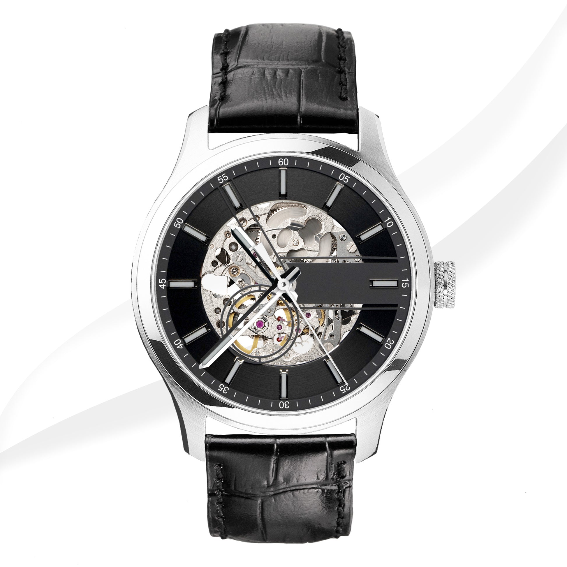 EONIQ - Custom Skeleton watch with black alligator strap 40mm - Navigator s series