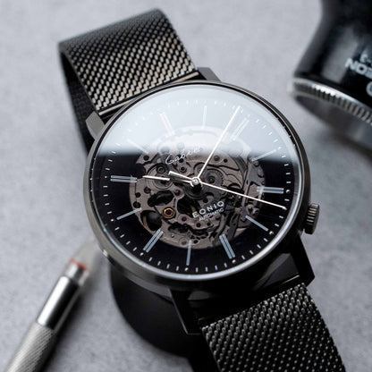 EONIQ custom watch - gun silver ALSTER series with sapphire dial and black mesh band 