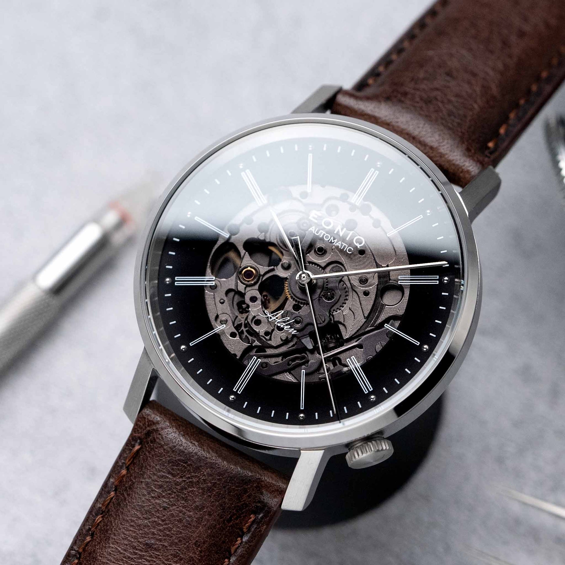 EONIQ custom watch - ALSTER series with sapphire dial and brown strap - silver case