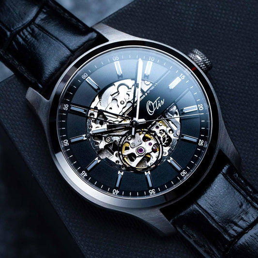 EONIQ custom skeleton watch - mechanical watch with name engraving and alligator strap 
