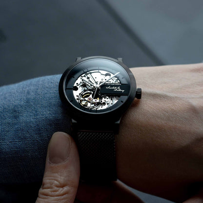 38mm skeleton watch with Miyota movement and black metal bracelet