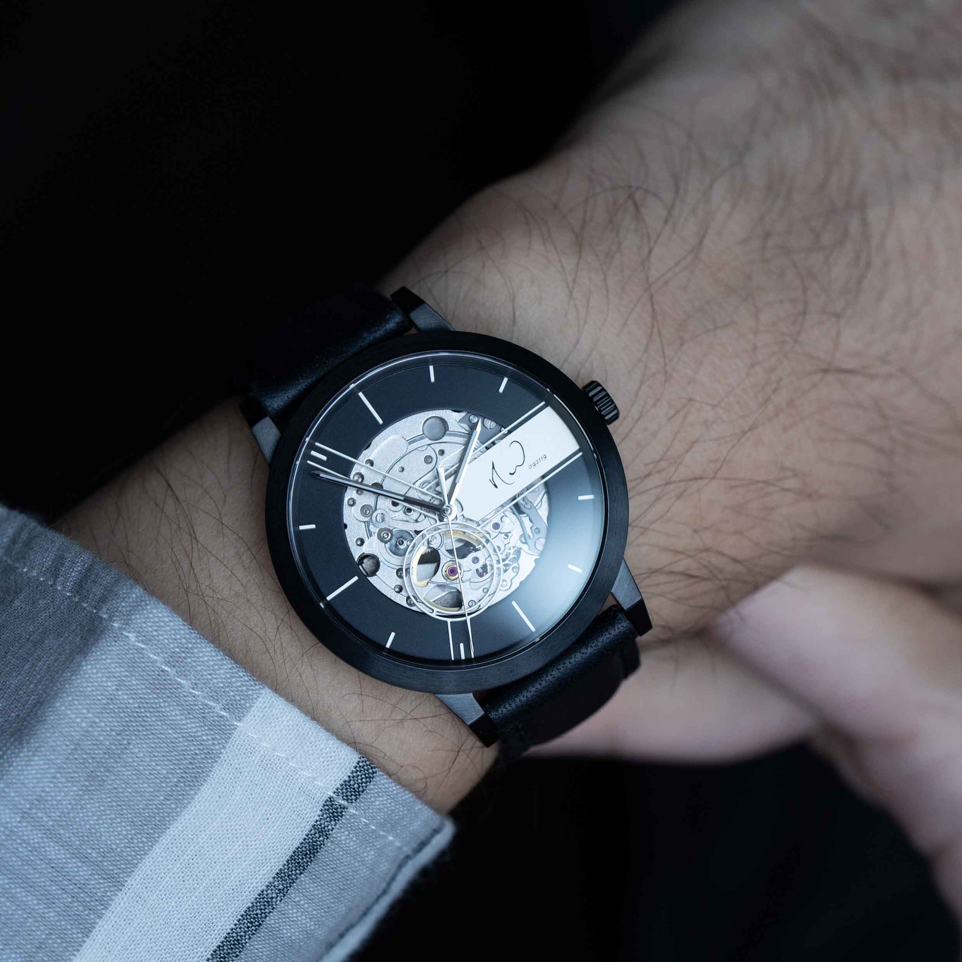 Black watch case skeleton mechanical watch for men