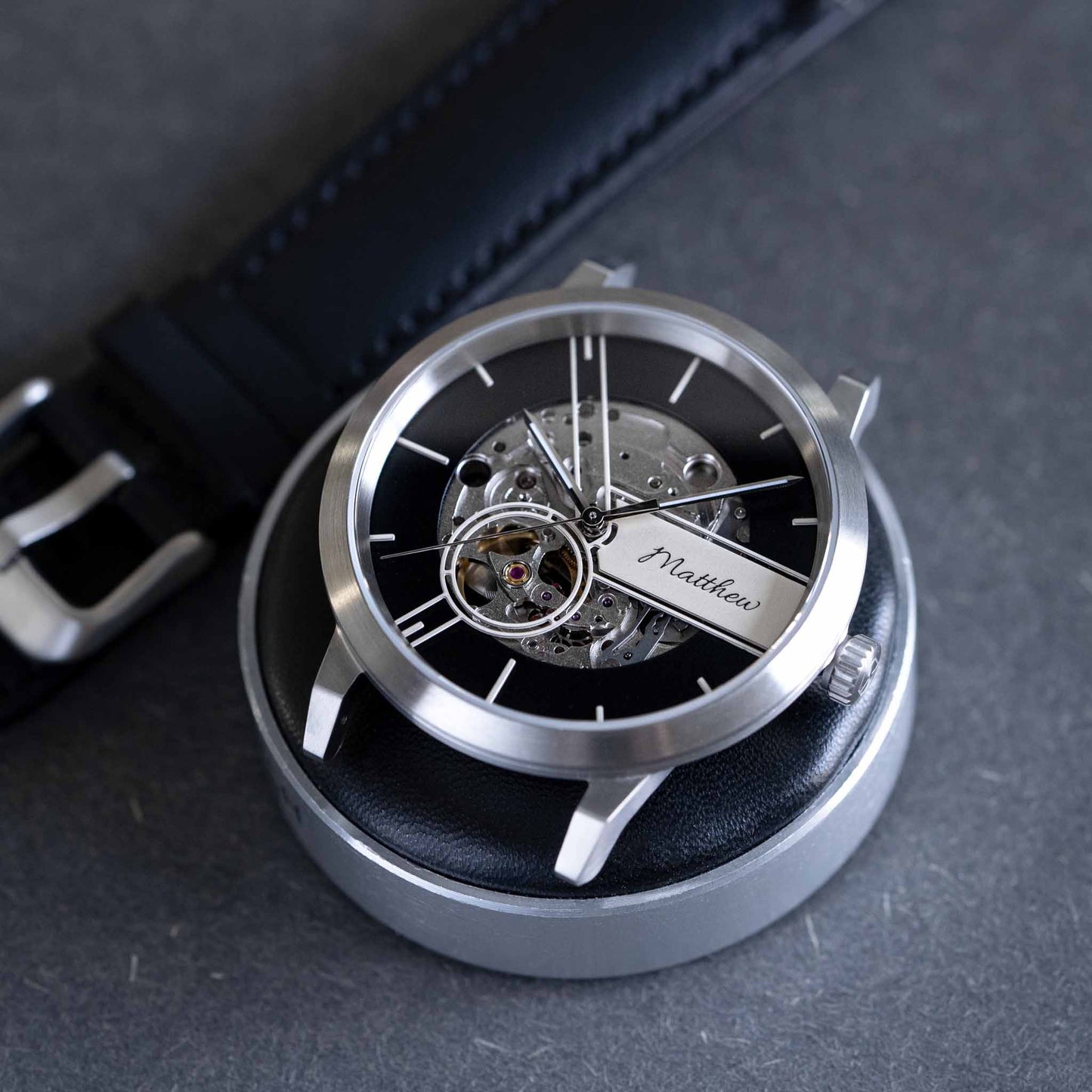 Skeleton automatic watch with black leather strap. Japanese Miyota movement. Genuine leather strap - EONIQ