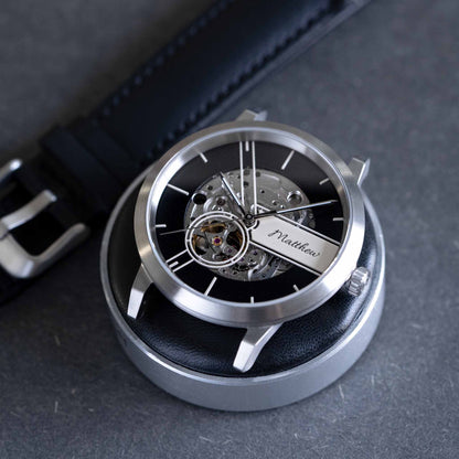Skeleton automatic watch with black leather strap. Japanese Miyota movement. Genuine leather strap - EONIQ
